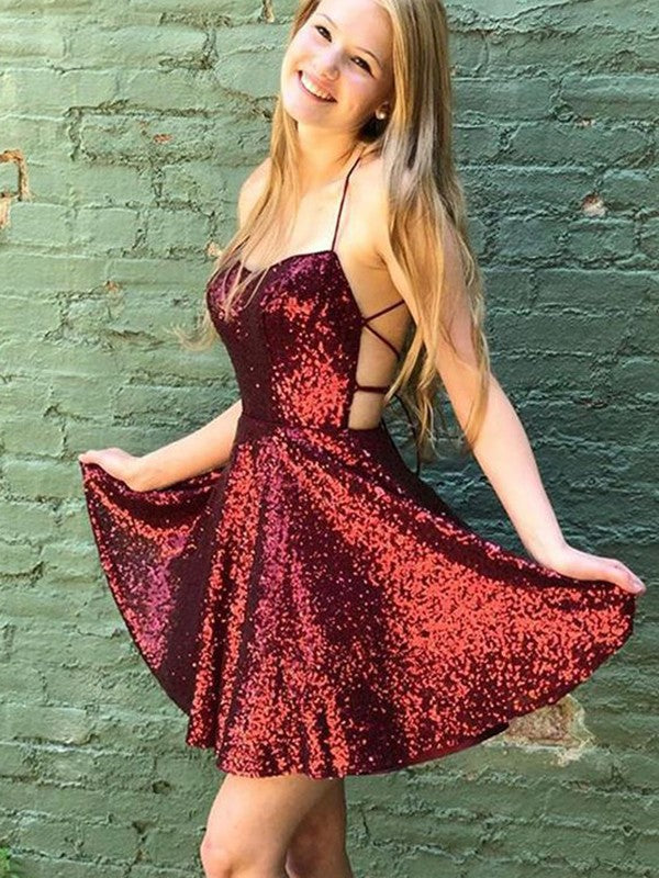A-Line/Princess Sequins Ruffles Spaghetti Straps Sleeveless Short/Mini Homecoming Dresses