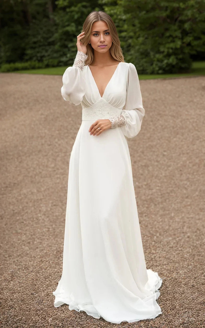 A-Line Floor Chiffon Long Sleeve Train Wedding Dress with Sequins