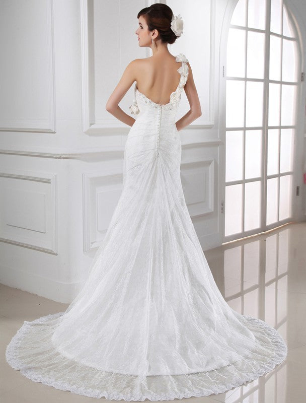 Mermaid Satin One-Shoulder Sleeveless Chapel Train With Beading Wedding Dresses
