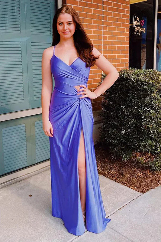Sheath Spaghetti Straps Corset Back Prom Dress With Split