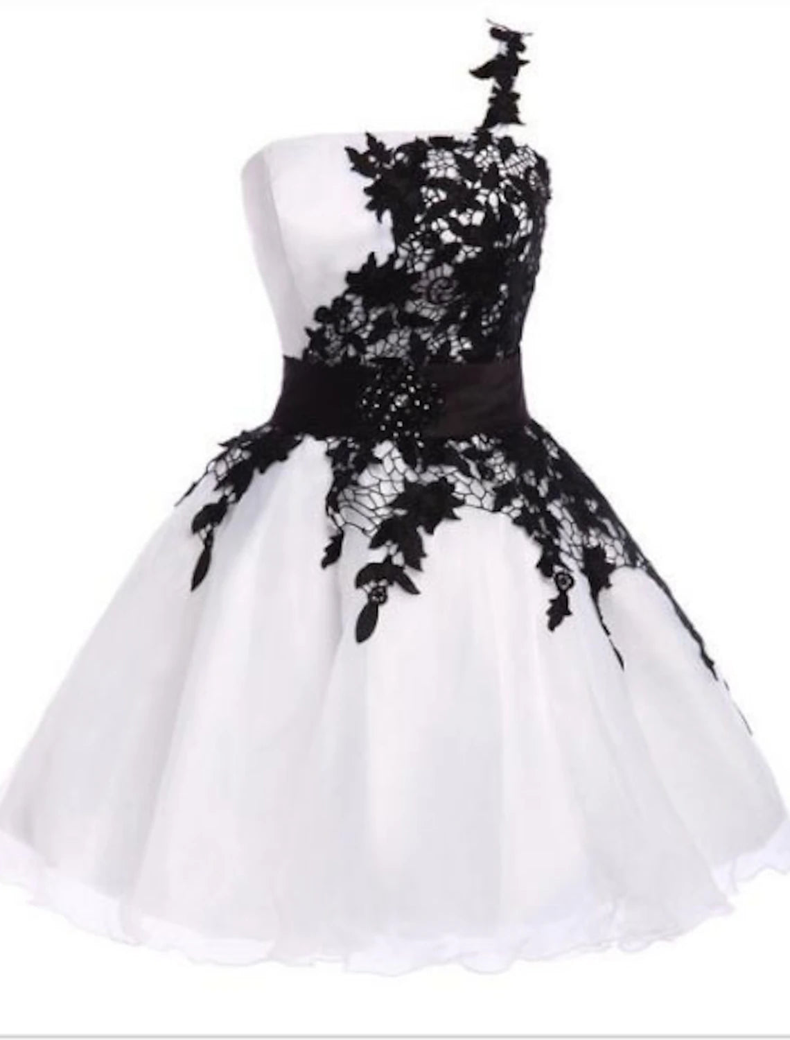 Vestido de fiesta blanco con bloques de color, corte A, de cóctel, un hombro, sin mangas, corto/mini de gasa con apliques