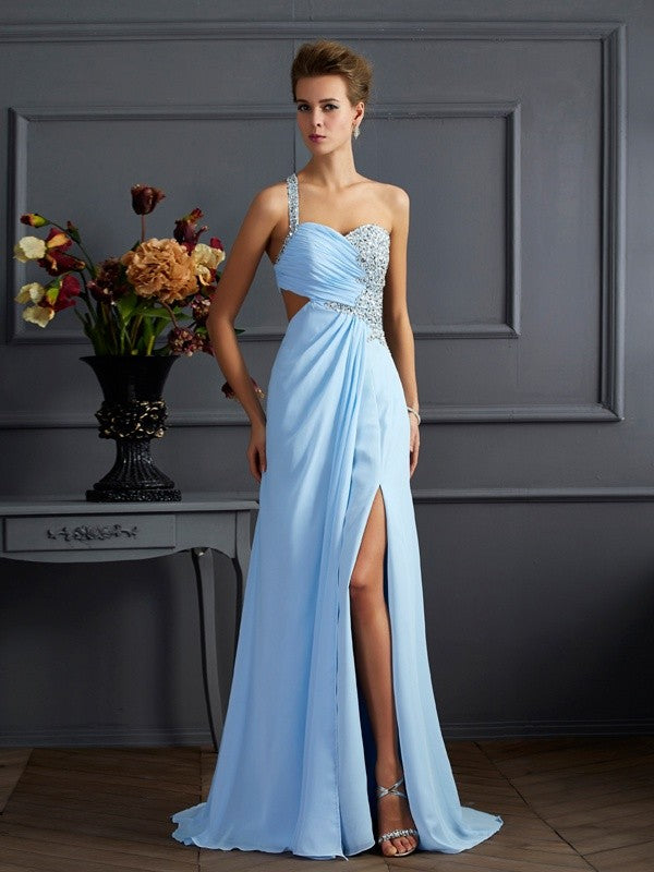 Sheath Chiffon One-Shoulder Sleeveless Sweep/Brush Train With Beading Dresses