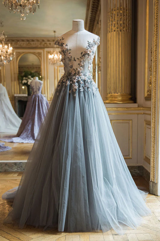 Round neck tulle lace applique long prom dress