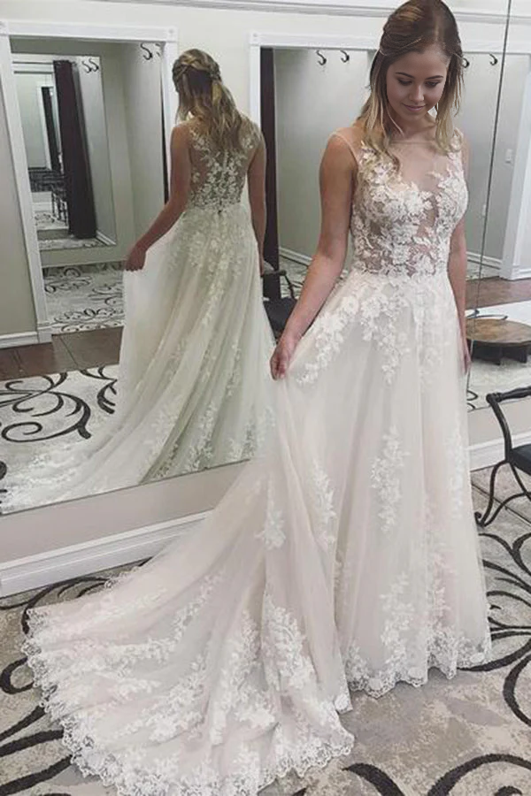 A-line Elegant See Through Sleeveless Tulle Lace Appliques Wedding Dresses With Train