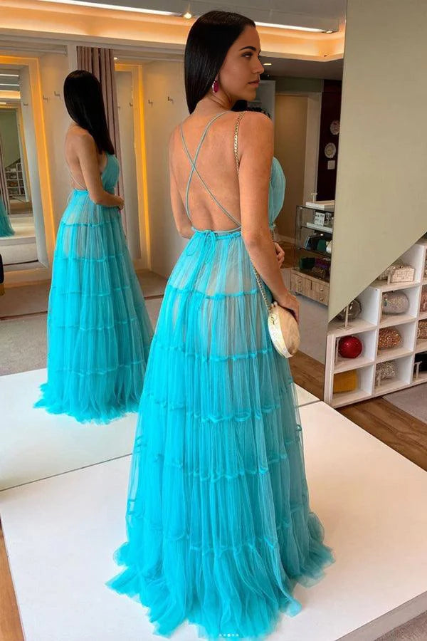 A-Linie V-Ausschnitt Tüll Langes Ballkleid Blaues Tüll Abendkleid