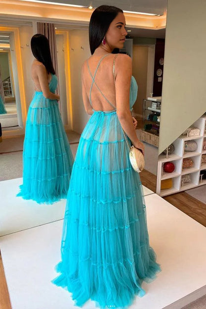 A-Linie V-Ausschnitt Tüll Langes Ballkleid Blaues Tüll Abendkleid