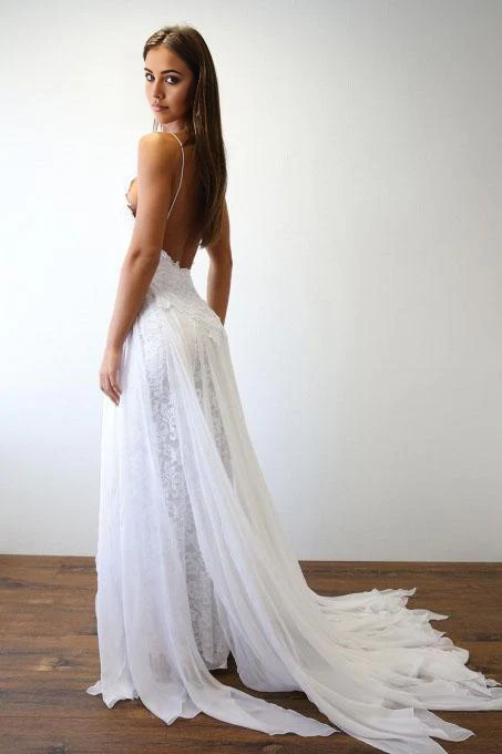 Beach Spaghetti Straps Sweetheart Lace White Bridal Dress Wedding Dresses with Chiffon