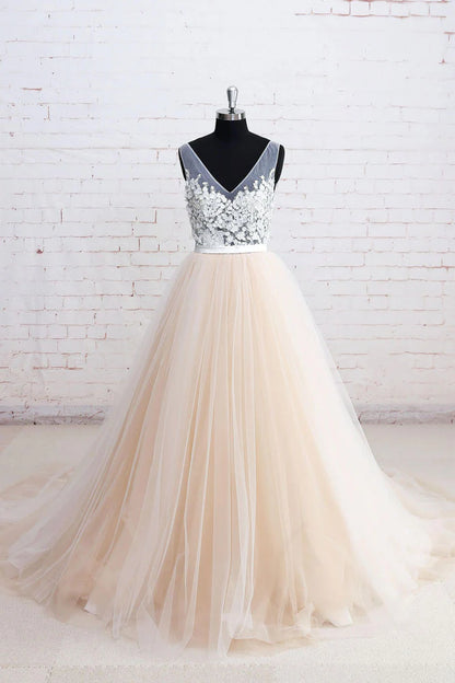 V neck lace tulle long prom dress