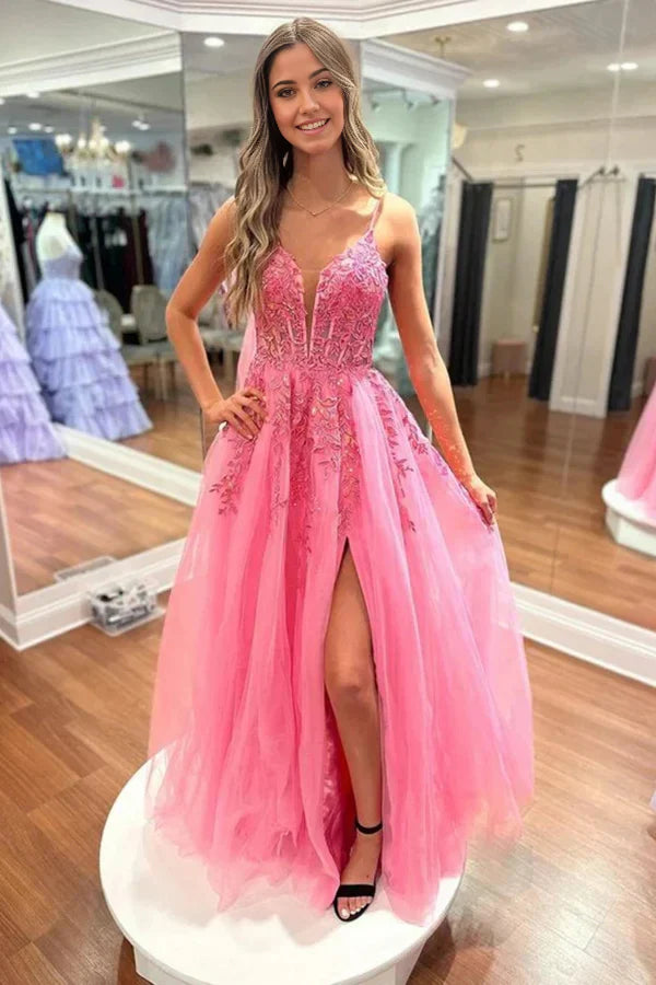 A Line V Neck Lace Long Prom Dresses with Slit