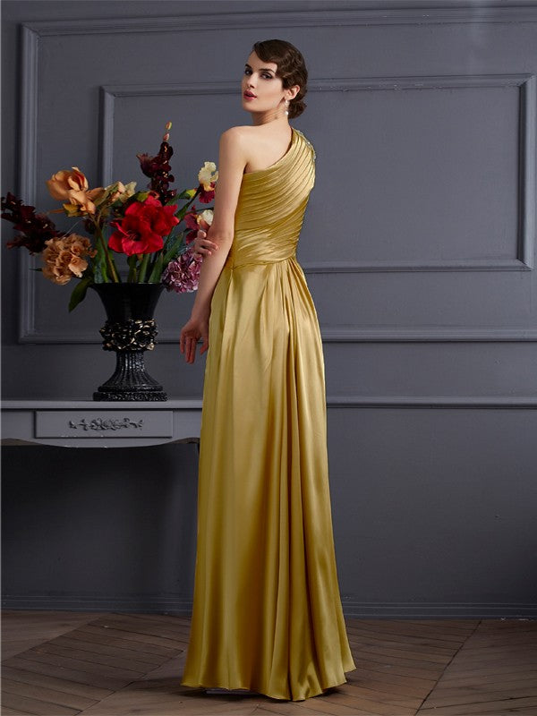 A-Line Woven Satin One-Shoulder Sleeveless Floor-Length With Beading Dresses