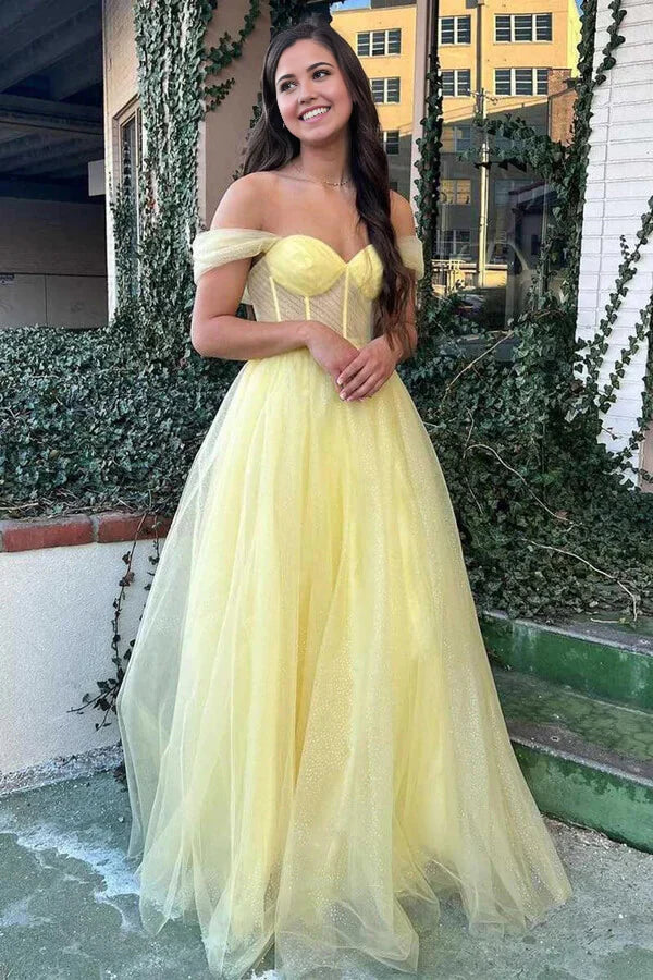 A-line Off-The-Shoulder Tulle Prom Dresses Evening Dresses