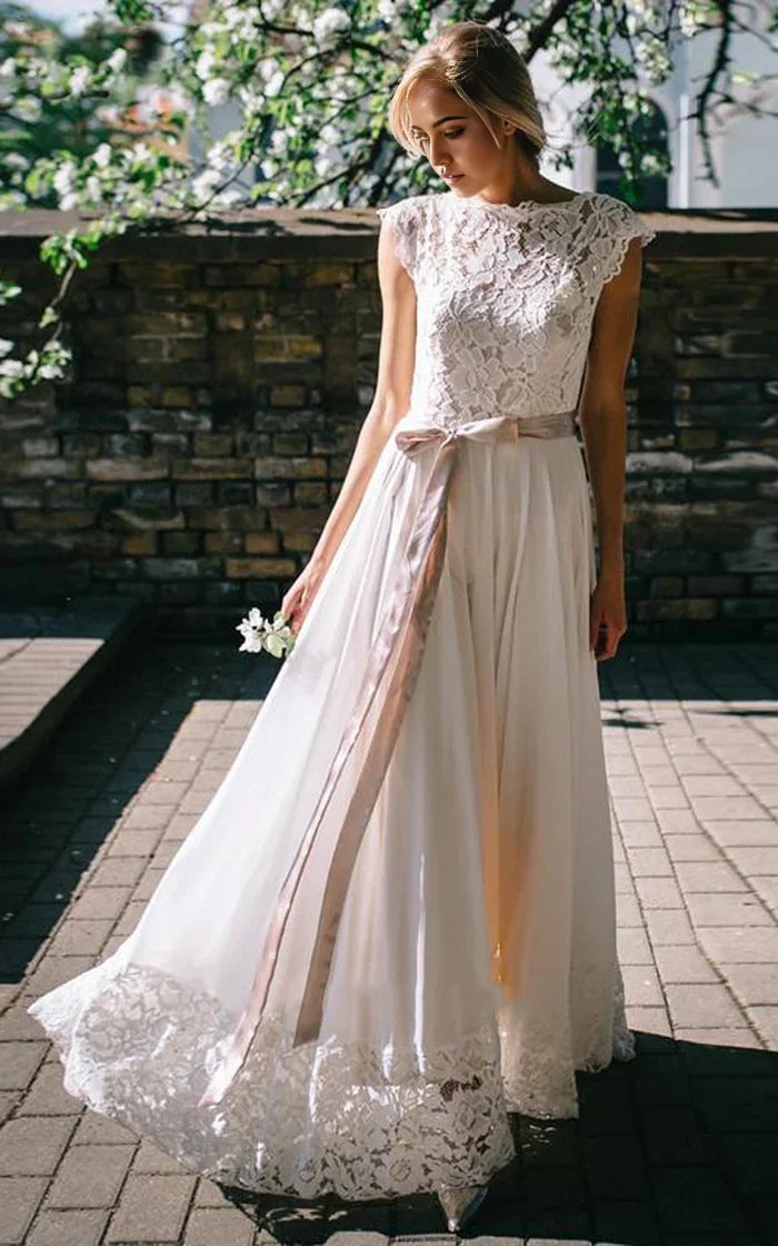 A Line Bateau Chiffon Lace Floor-length Short Sleeve Wedding Dress with Ribbon