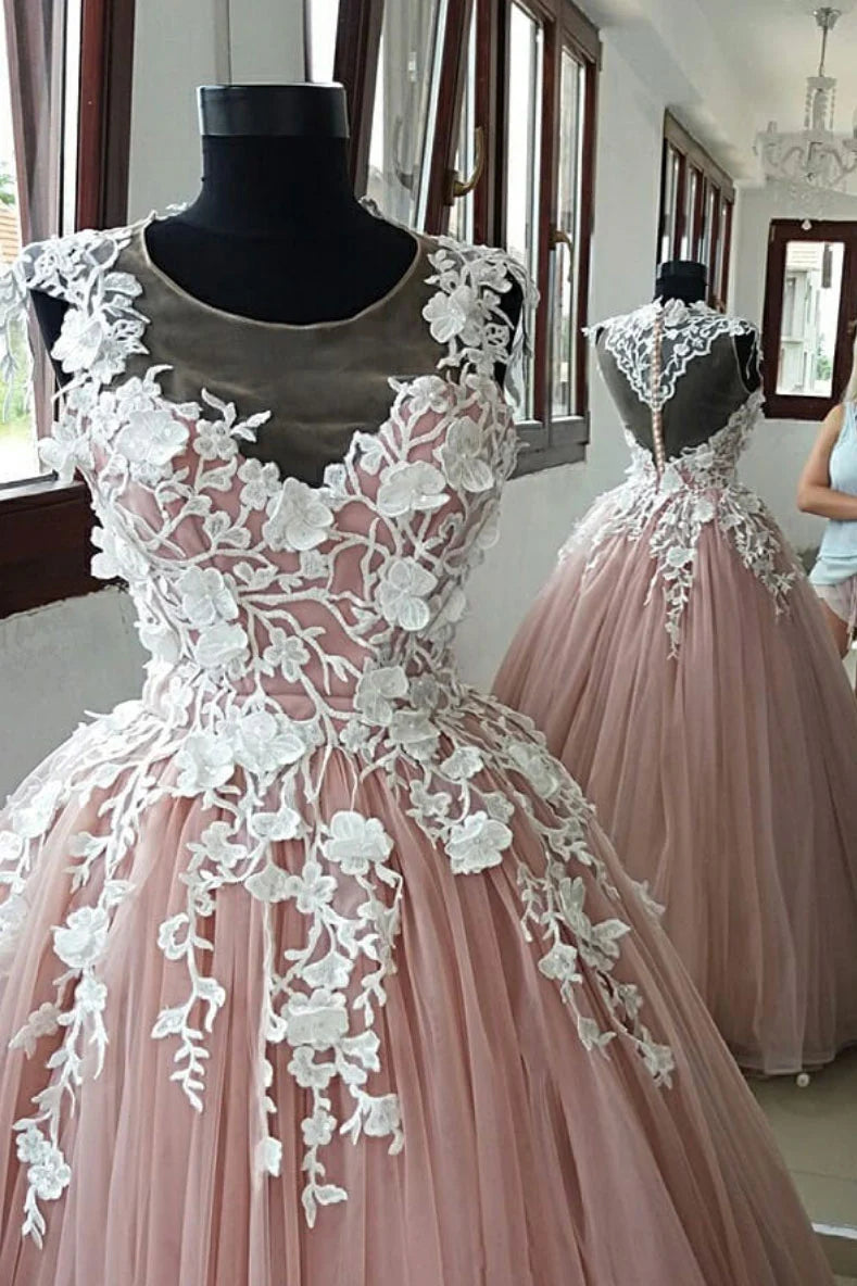 Round neck tulle lace applique long prom dress