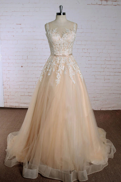 Round neck lace applique tulle long prom dress