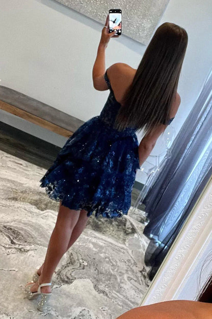 A Line Fchsia Homecoming Dress Seeing Sparkles Off the Shoulder Graduation Dress with Ruffles