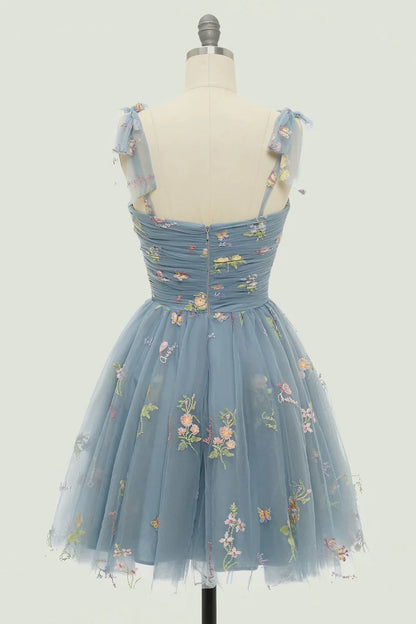 A Line Spaghetti Straps Champagne Short Homecoming Dress with Embroidery