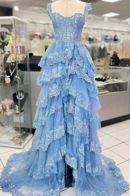 A Line Sweetheart Corset Prom Dress with Lace Ruffles