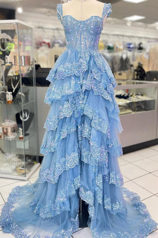 A Line Sweetheart Corset Prom Dress with Lace Ruffles