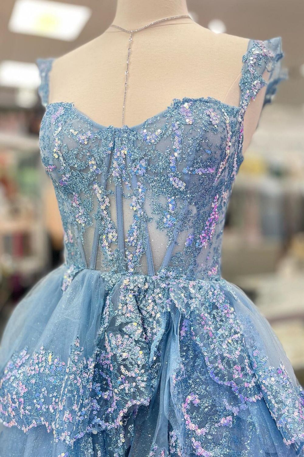 A Line Sweetheart Corset Prom Dress with Lace Ruffles