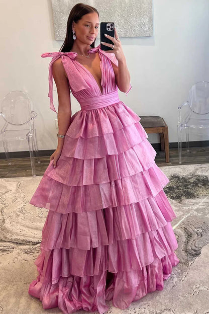A-line Glitter Tie Straps Plunging Neck Tiered Long Prom Dress