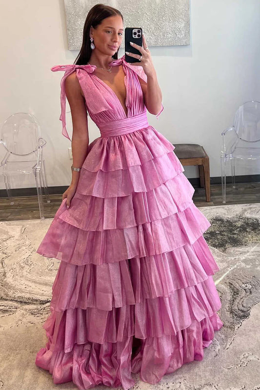 A-line Glitter Tie Straps Plunging Neck Tiered Long Prom Dress