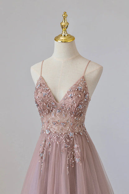 A-Linie Tüll Langes Spaghetti Abendkleid mit Perlenbesatz