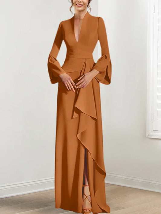 Sheath V-Neck Long Sleeves Floor-Length Mother Of The Bride Dresses