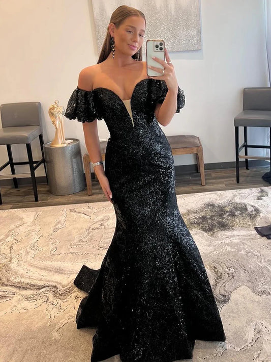 Vestido de fiesta largo de sirena con lentejuelas y sin tirantes
