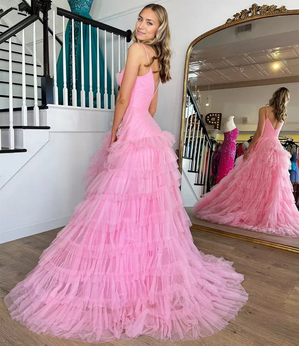 A-Linie Tüll Spaghettiträger Stufen-Ballkleid