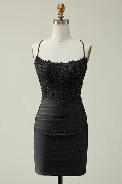 Sheath Spaghetti Straps Short Homecoming Dress with Appliques