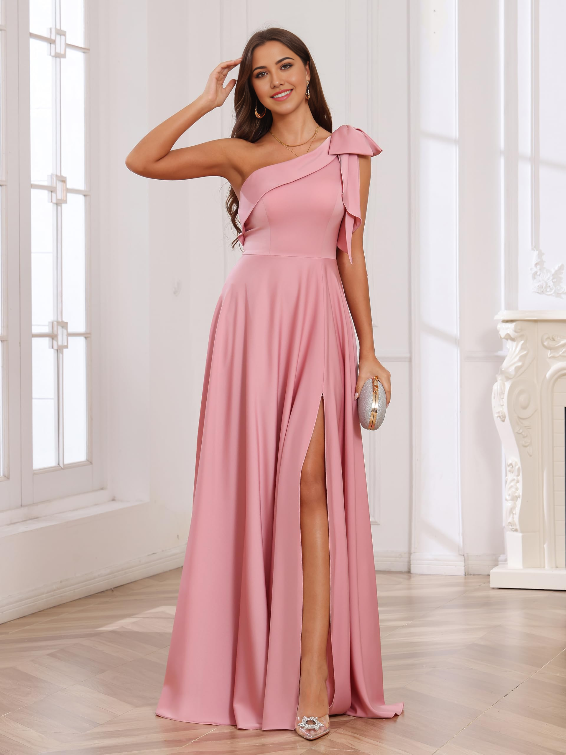 A-line One Shoulder Bow Satin formal dresses evening gown Prom Dress