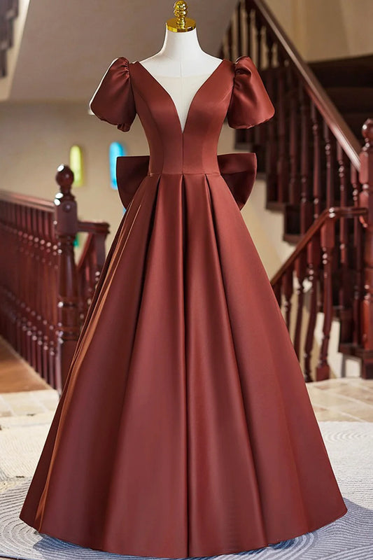 Vestido de noche elegante de satén con mangas cortas y corte A hasta el suelo