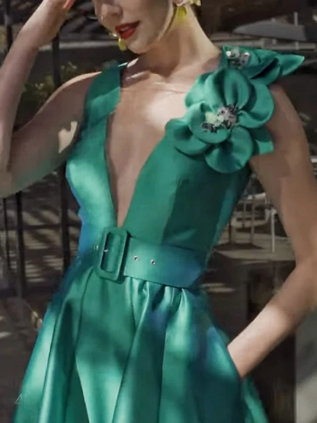 Vestidos para madre de la novia con corte en A, escote en V, sin mangas, apliques, largo hasta la rodilla