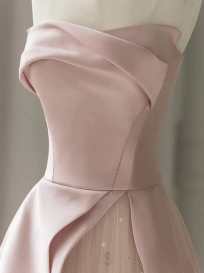 A-Line Sleeveless Tulle Satin Floor-Length Strapless Prom Dress Evening Gown with Slit