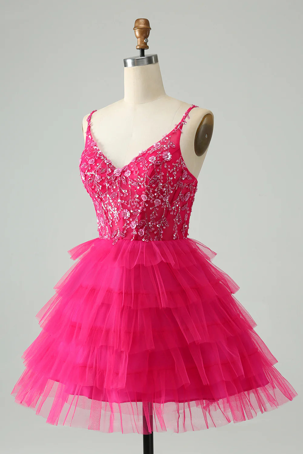 A Line Spaghetti Straps Tulle Tiered Short Homecoming Dress