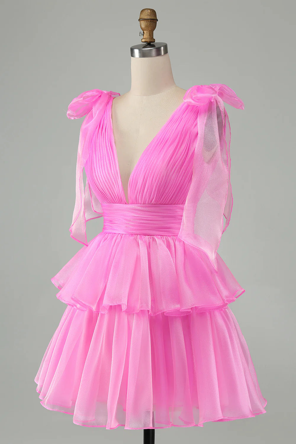 A Line V Neck Pleated Tiered Short Homecoming Dress