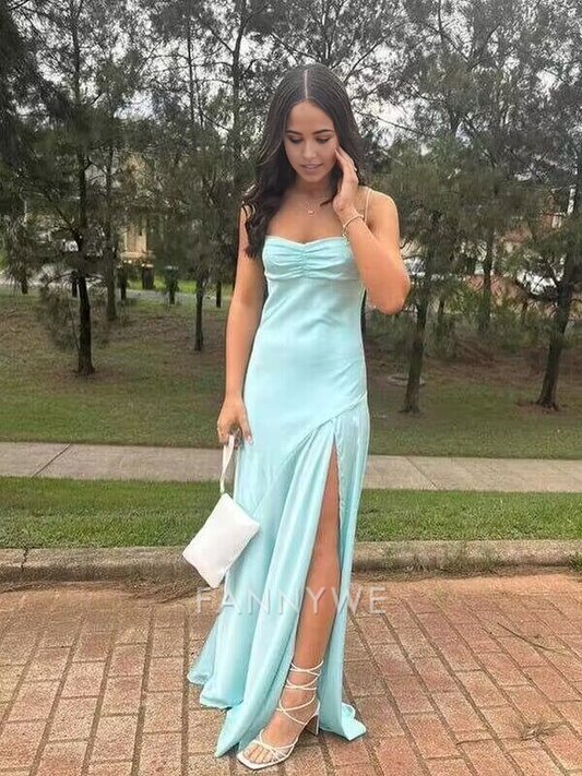 A-Linie Einfache Träger Satin Hellblau Lange Abendkleider Brautjungfernkleider Abendkleid Ballkleid 