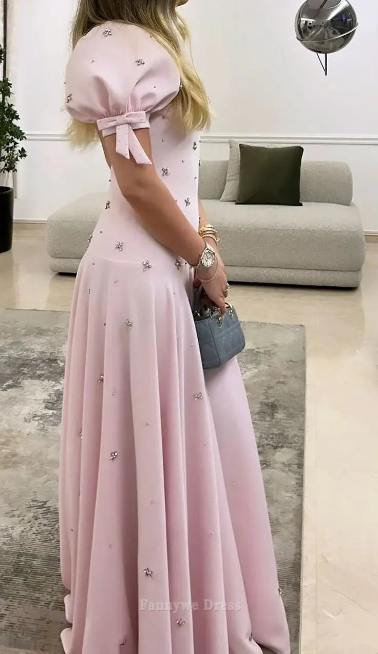A-Line Puffy Sleeves Beading Lovely Pink Long formal dresses Bridesmaid Dresses evening gown Prom Dress