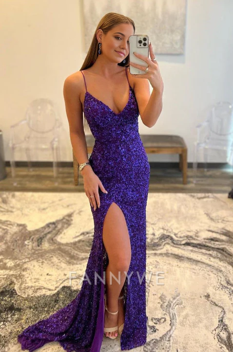 Mermaid Sparkly Spaghetti Straps Purple Sequins formal dresses Bridesmaid Dresses evening gown Prom Dress with Slit