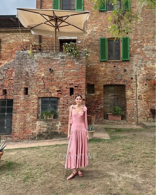 Hermosos vestidos formales largos de satén rosa de línea A, vestidos de dama de honor, vestido de noche, vestido de fiesta 