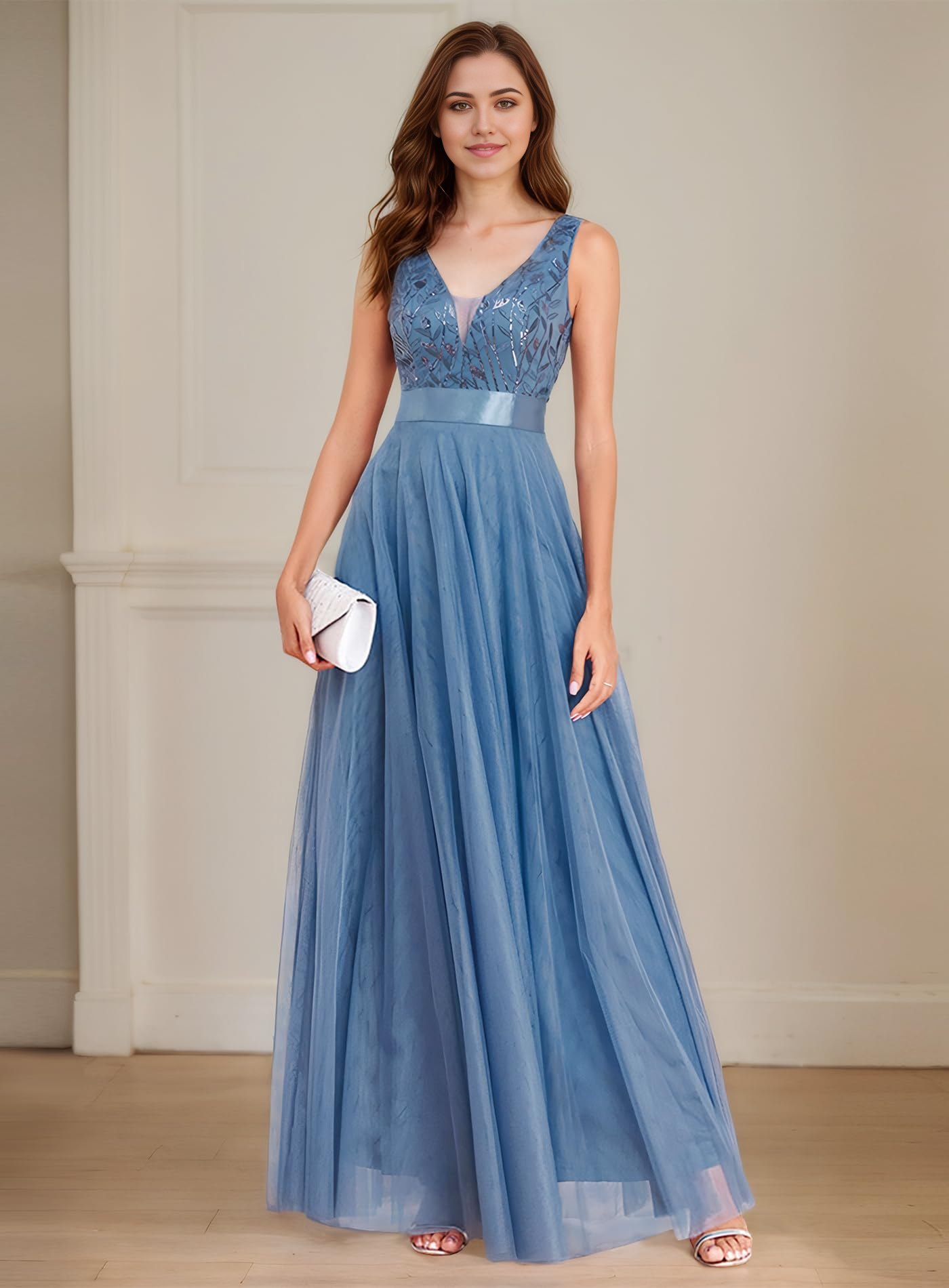 A Line V Neck Sparkly Sequin Tulle formal dresses Bridesmaid Dresses evening gown Prom Dress