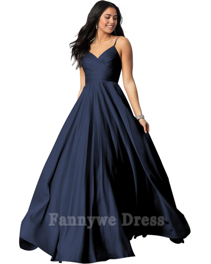A-Linie V-Ausschnitt Spaghetti Geraffte Satin Abendkleider Brautjungfernkleider Abendkleid Ballkleid 