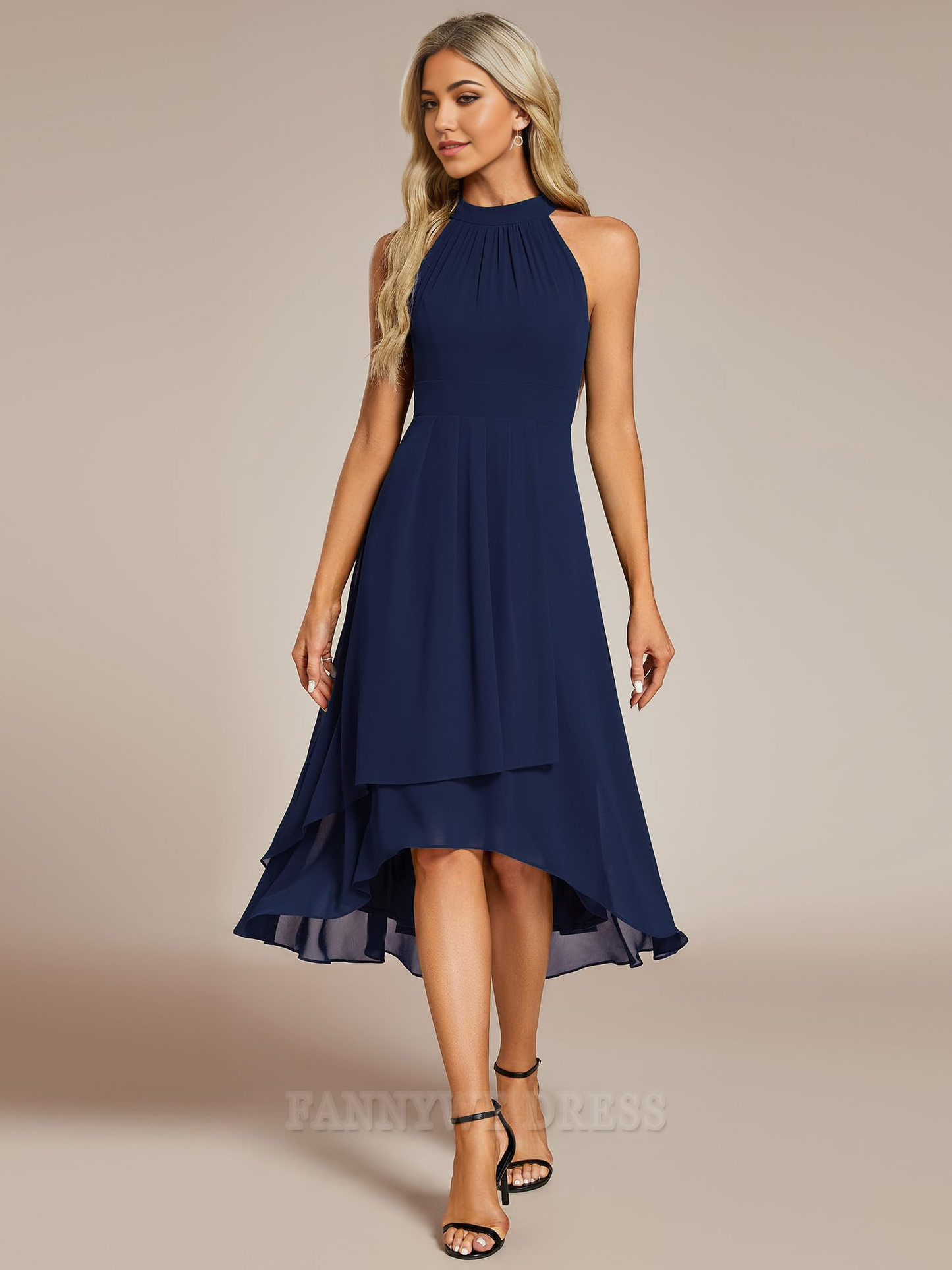 A-Linie Ärmellos Neckholder Plissee High Low Chiffon Abendkleider Brautjungfernkleider Abendkleid Ballkleid 