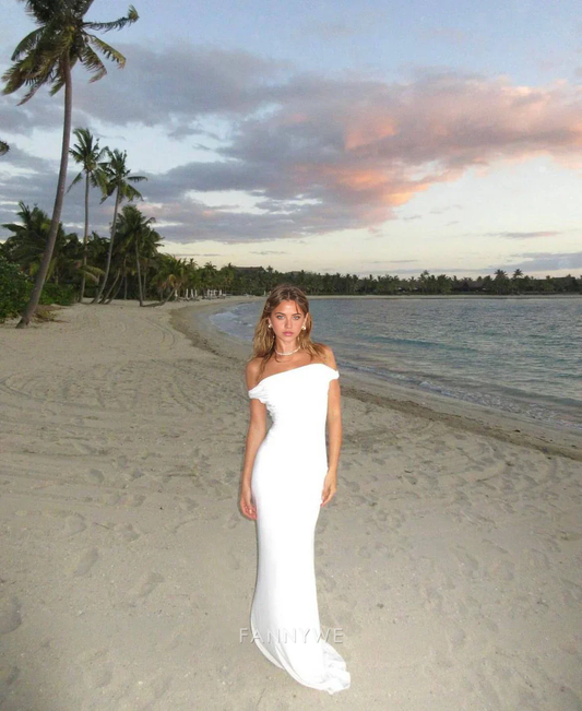 Meerjungfrau Elegant Off Schulter Weiß Lange Abendkleider Brautjungfernkleider Abendkleid Ballkleid 