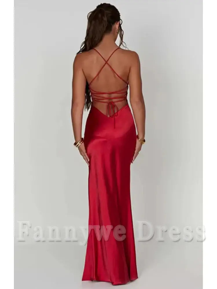 Elegant Spaghetti Strap Backless Lace-Up Split Satin formal dresses Bridesmaid Dresses evening gown Prom Dress