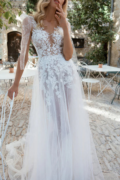 A Line V neck Lace Appliques Boho Wedding Dress With Slit