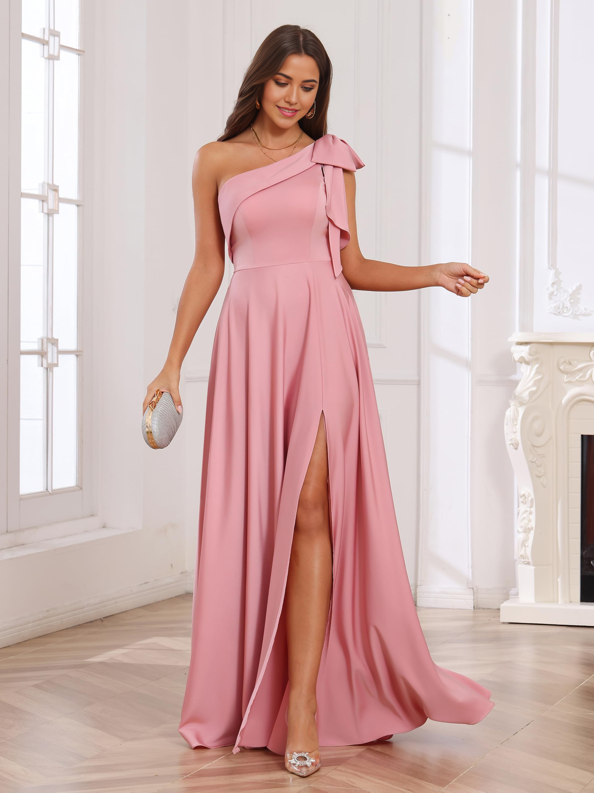 A-line One Shoulder Bow Satin formal dresses evening gown Prom Dress