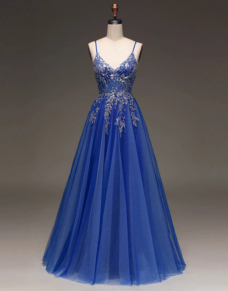 A-Linie Spaghettiträger Langes Glitzer Tüll Ballkleid