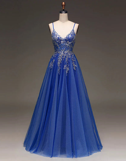 A-Linie Spaghettiträger Langes Glitzer Tüll Ballkleid
