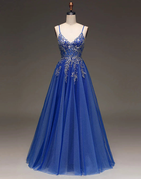 A-Linie Spaghettiträger Langes Glitzer Tüll Ballkleid